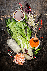 新鲜的亚洲烹饪原料,米粉虾亚洲食物蔬菜酱汁图片
