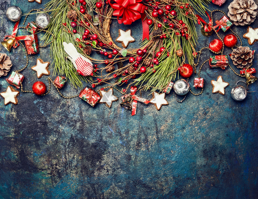复古的圣诞背景与红色装饰图片