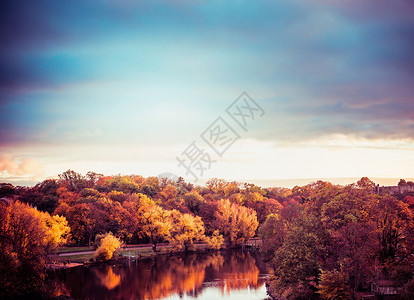 城市公园的秋季景观,日落的光线下,五颜六色的树木湖泊天空图片