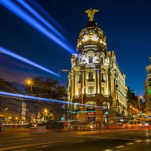 动态夜间拍摄繁忙的高档商业街格兰威,位于西牙马德里市中心图片