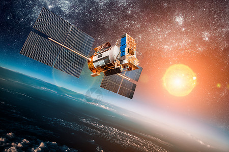 太空卫星背景恒星太阳上绕地球运行这幅图像的元素由美国宇航局提供图片