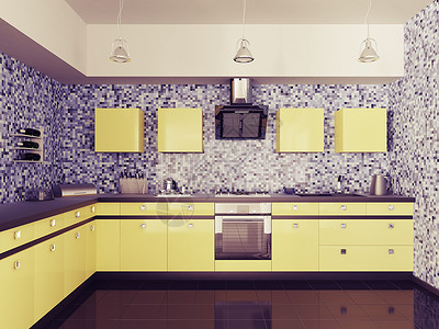 现代厨房与水槽,煤气炊具引擎盖内部3D图片