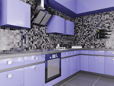 现代紫罗兰厨房的内部三维渲染图片