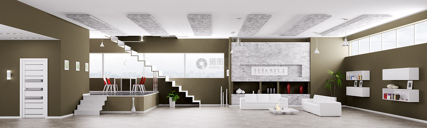 现代公寓内部生活餐厅大厅全景三维渲染图片