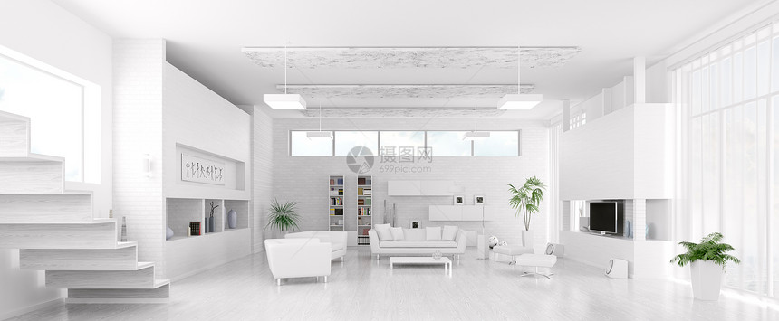 现代白色客厅内部全景三维渲染图片
