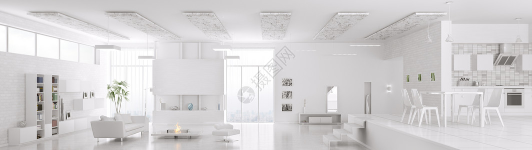 现代白色公寓内部客厅大厅厨房全景三维渲染图片