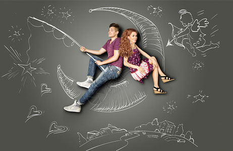 月亮上的垂钓快乐的情人节爱情故事的,浪漫的夫妇钓鱼月亮上,星星钩子上,粉笔画背景的夜空丘比特背景