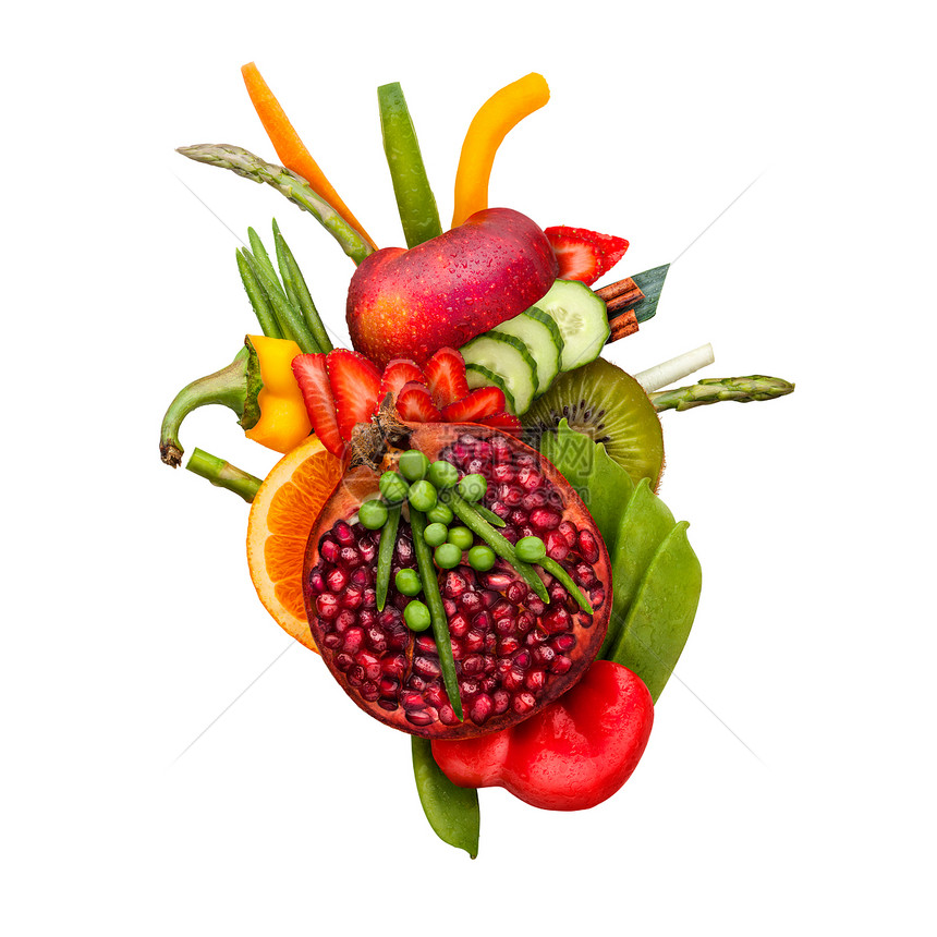 健康食品的,人类的心脏由水果蔬菜制成,减少死亡风险,隔离白色图片