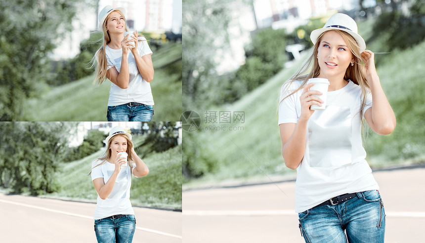 美丽的轻女人带着次咖啡杯散步,喝咖啡,城市自然背景下微笑图片