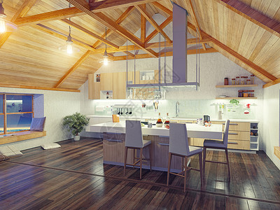 现代厨房内部与岛屿阁楼3D高清图片
