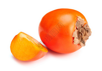 新鲜成熟的橙色柿子,白色背景上分离切片图片