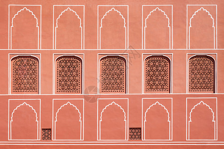 美丽的图案宫殿墙上,斋浦尔,印度图片