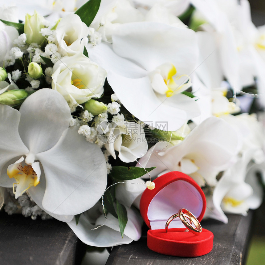 白色兰花结婚金戒指放木凳上图片