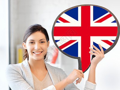 教育,外语,英语,人与沟通的微笑的女人着英国的文字泡沫图片