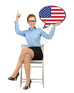 教育,外语,英语,人与沟通的微笑的女人着美国的文字泡泡,竖手指背景图片