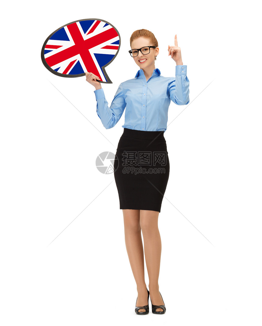 教育,外语,英语,人与沟通的微笑的女人着英国的文字泡泡,竖手指图片