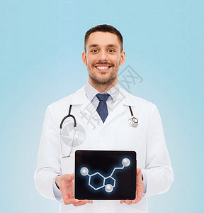 医学,技术,人生物学微笑的男医生平板电脑电脑屏幕与分子模型蓝色背景图片