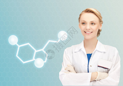 医疗保健,医学技术微笑的女医生与分子的血清素蓝色背景图片