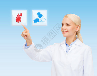 血氧图标医疗保健,医学,人技术微笑的轻医生护士指向图标按下按钮与药丸血液图像蓝色背景背景