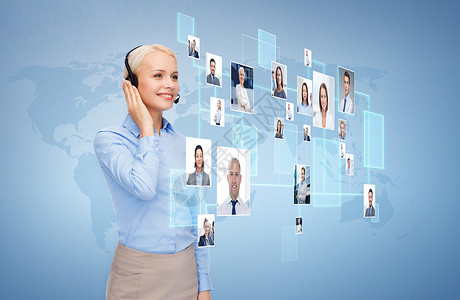 商业,沟通,合作人的快乐的女帮助热线运营商与耳机蓝色背景图标的联系人客户背景图片