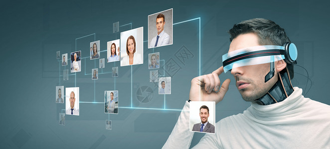 白衬衫证件照人,技术,未来进步人与未来的3D眼镜微芯片植入传感器蓝色背景与网络联系人图标设计图片