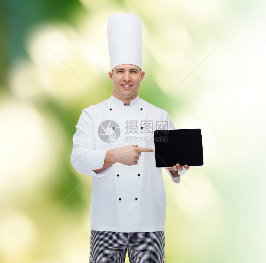 烹饪,职业人的快乐的男厨师平板电脑黑色空白屏幕绿色背景图片