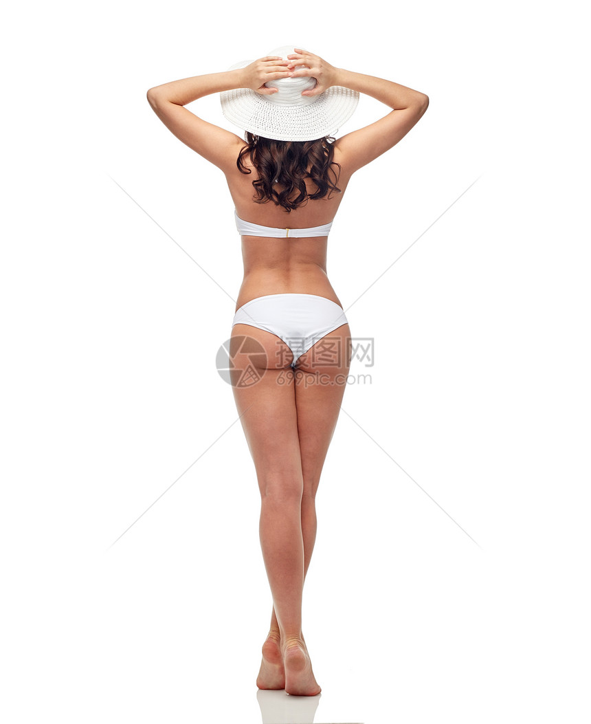 人,时尚,泳装,夏季海滩美容轻的女人穿着白色比基尼泳衣后图片