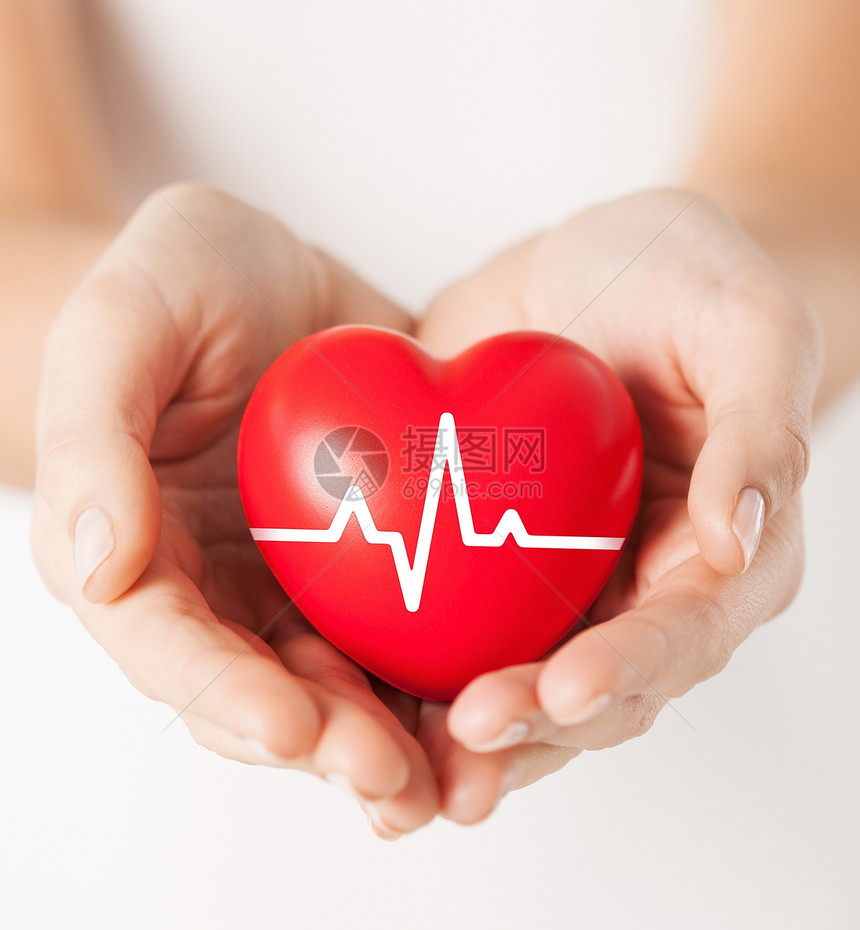 健康,医学慈善特写女手捧红心与心电图线图片