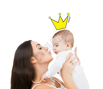 人,童,皇室幸福的快乐的母亲亲吻抱着婴儿与皇冠涂鸦图片