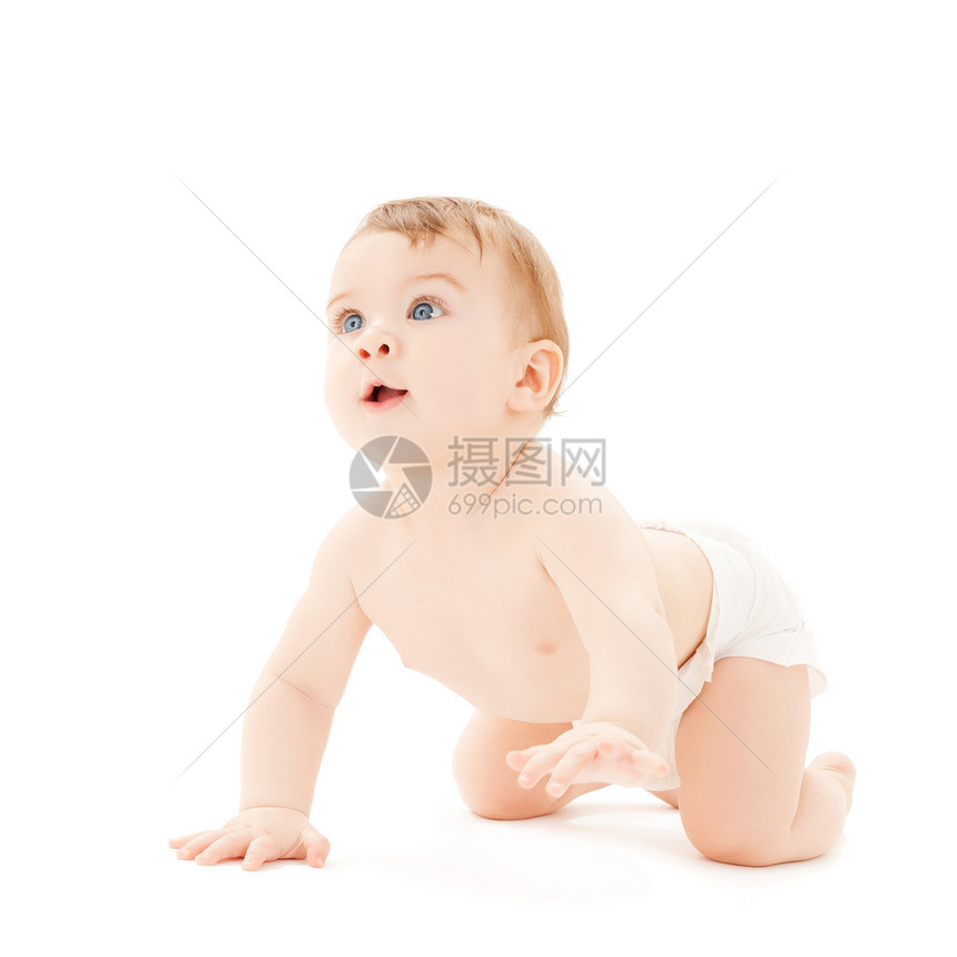 明亮的图片爬行好奇的婴儿白色的背部图片