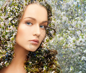 美丽,人,春夏季节健康理念轻女超过盛开的树花图案双重曝光效果图片