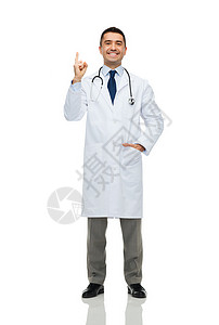 医疗保健,职业,人医学的快乐微笑的男医生穿着白色外套,指着手指图片