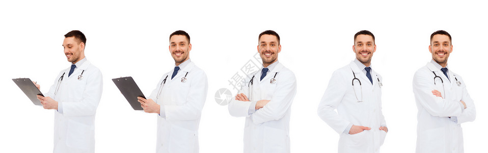 医学,专业保健快乐的医生与剪贴板听诊器图片