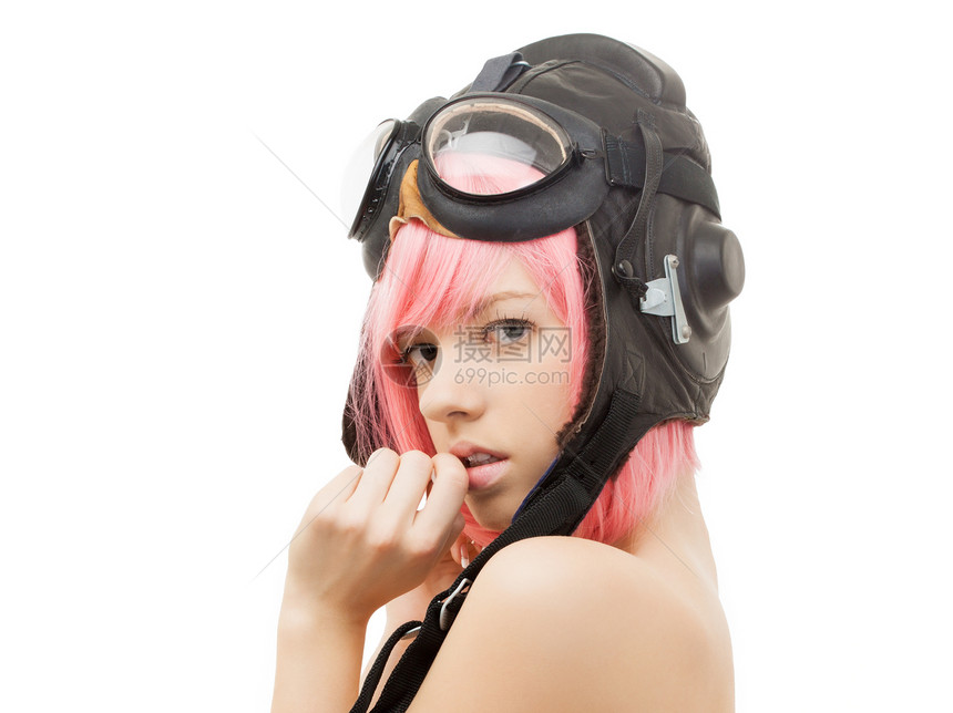 无肩带粉红色头发女孩飞行员头盔的照片赤裸的粉红色头发女孩戴着飞行员头盔图片