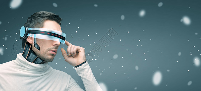 人,技术,未来进步人与未来的3D眼镜微芯片植入传感器灰色背景亮点图片