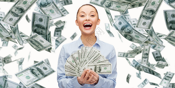 商业,货币,金融,人银行的微笑的女商人与大量的美元现金图片