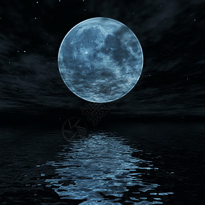 月亮波浪形的蓝色的大月亮反射波浪状的水上背景