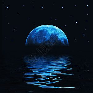 蓝色的大月亮反射波浪状的水上高清图片