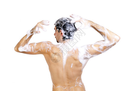 父与子洗澡轻的男子洗澡泡沫与美丽的身体隔离白色的背景背景