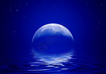月亮反射波浪状的水中高清图片