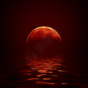 月亮波浪形的红色的月亮反射波浪状的水上背景