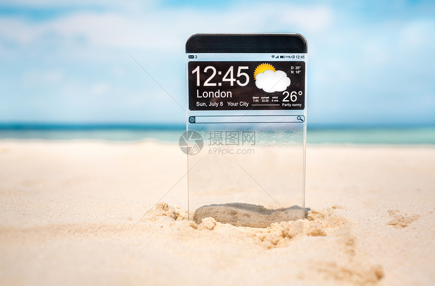 未来主义智能手机与透明沙滩上实际未来创新理念最佳技术人图片