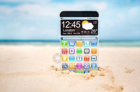 未来主义智能手机海滩上的沙滩上个透明的器实际未来创新理念图片