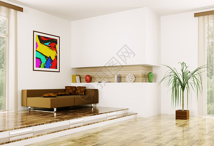 现代房间内部与沙发3D渲染图片