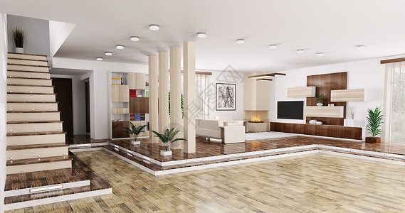 现代公寓内部客厅大厅全景三维渲染图片