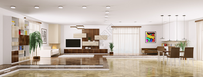 现代公寓客厅内部全景三维渲染图片