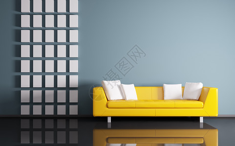 现代室内与黄色沙发3D渲染背景图片
