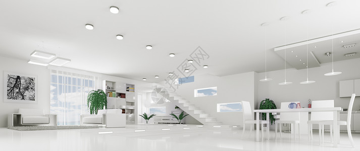 现代白色公寓内部客厅大厅全景三维渲染图片