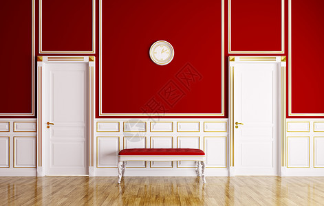 经典的红色白色内部与沙发两扇门图片