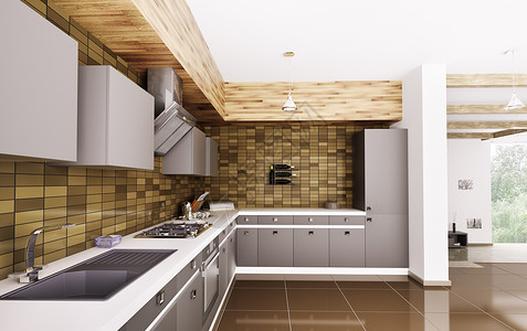 现代厨房与水槽,煤气炉引擎盖内部3D背景图片
